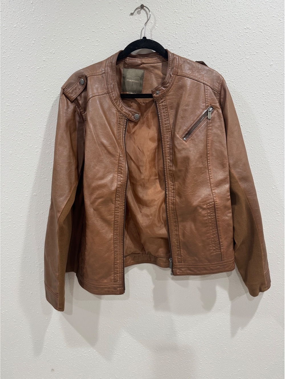 Maurices Brown Faux Leather Moto Jacket Women’s XL Cognac Stretch Side Panels